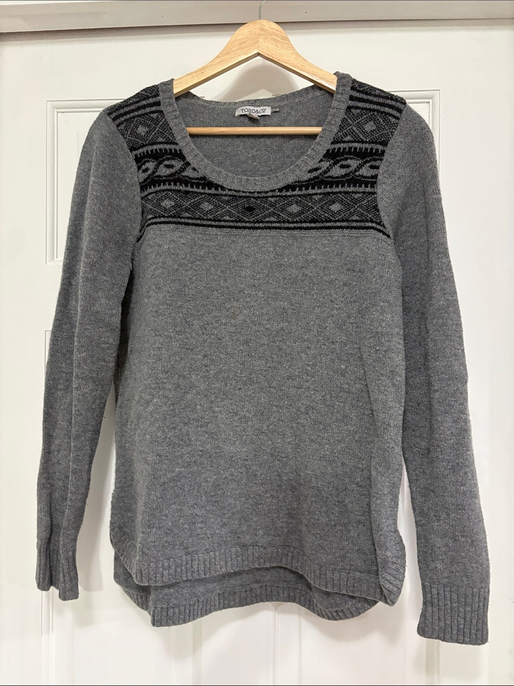 Toad&Co Gray Crewneck Sweater with Black Patterned Yoke